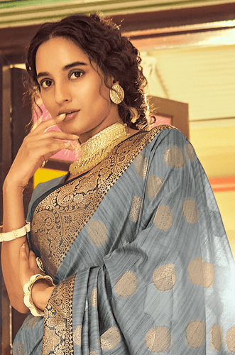 Improbable Grey Soft Banarasi Silk Saree With Stunning Blouse Piece Bvipul