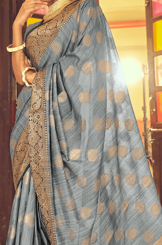 Improbable Grey Soft Banarasi Silk Saree With Stunning Blouse Piece Bvipul