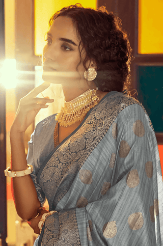 Improbable Grey Soft Banarasi Silk Saree With Stunning Blouse Piece Bvipul