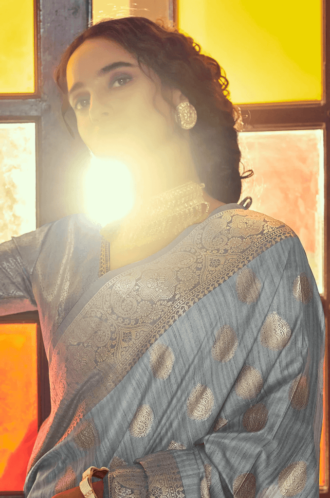 Improbable Grey Soft Banarasi Silk Saree With Stunning Blouse Piece Bvipul