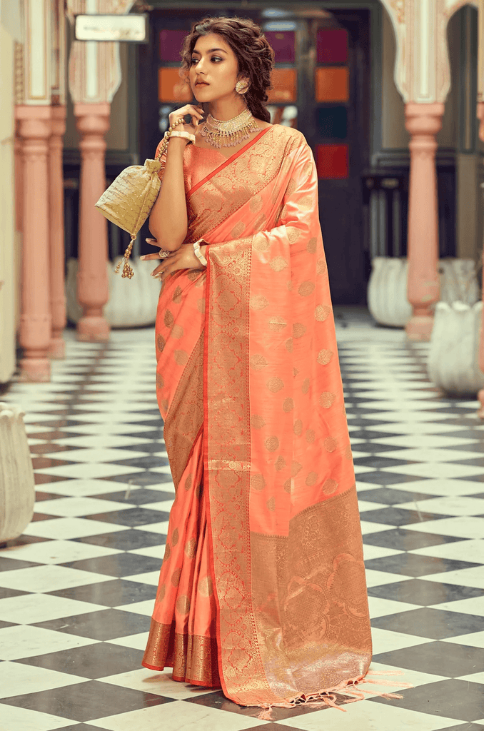 Luxuriant Peach Soft Banarasi Silk Saree With Adorable Blouse Piece Bvipul