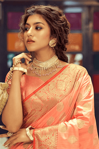 Luxuriant Peach Soft Banarasi Silk Saree With Adorable Blouse Piece Bvipul