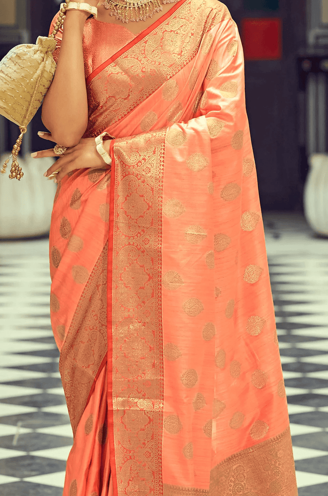 Luxuriant Peach Soft Banarasi Silk Saree With Adorable Blouse Piece Bvipul