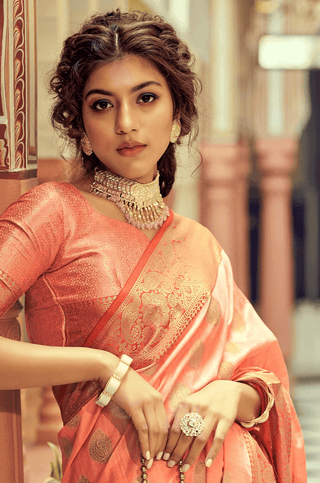 Luxuriant Peach Soft Banarasi Silk Saree With Adorable Blouse Piece Bvipul