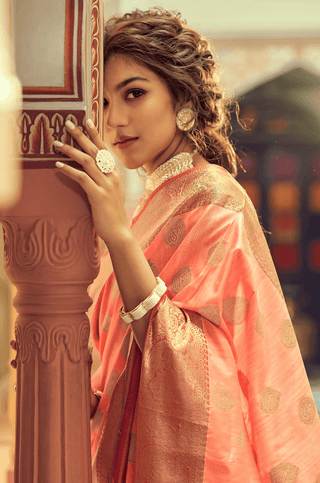 Luxuriant Peach Soft Banarasi Silk Saree With Adorable Blouse Piece Bvipul