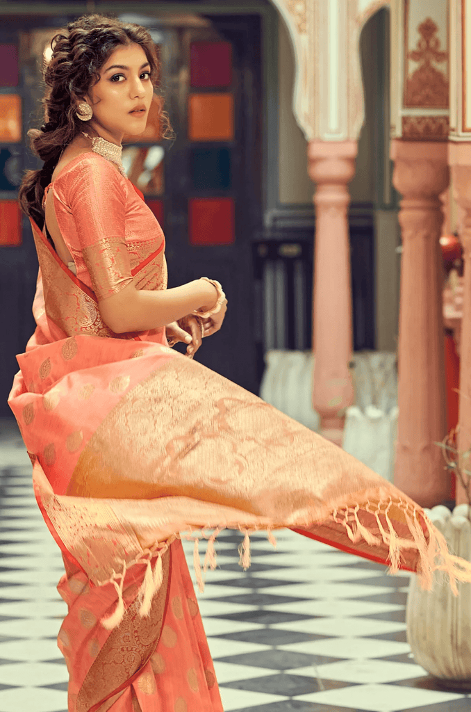 Luxuriant Peach Soft Banarasi Silk Saree With Adorable Blouse Piece Bvipul