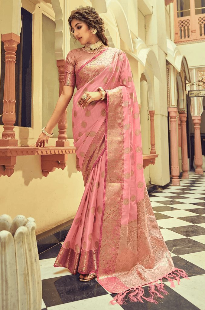 Fuchsia Pink Woven Banarasi Soft Silk Saree – Zari Banaras