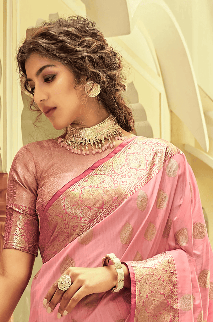 Incredible Pink Soft Banarasi Silk Saree With Hypnotic Blouse Piece Bvipul