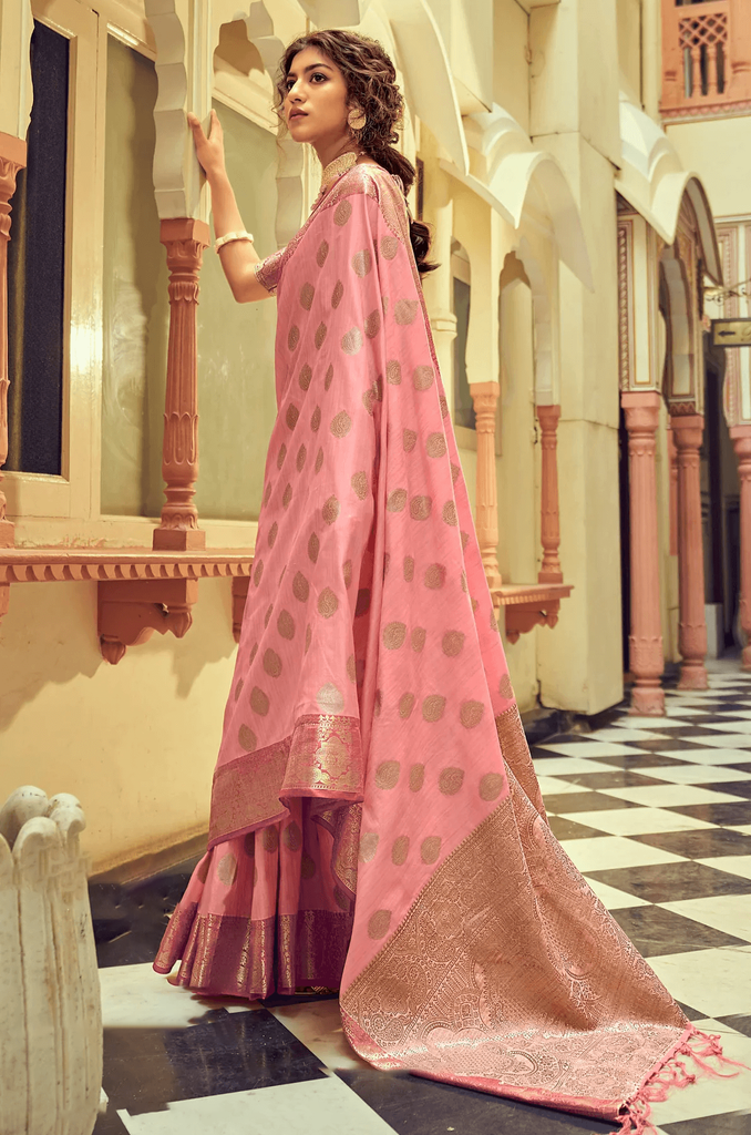 Incredible Pink Soft Banarasi Silk Saree With Hypnotic Blouse Piece Bvipul