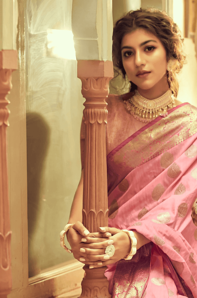 Incredible Pink Soft Banarasi Silk Saree With Hypnotic Blouse Piece Bvipul