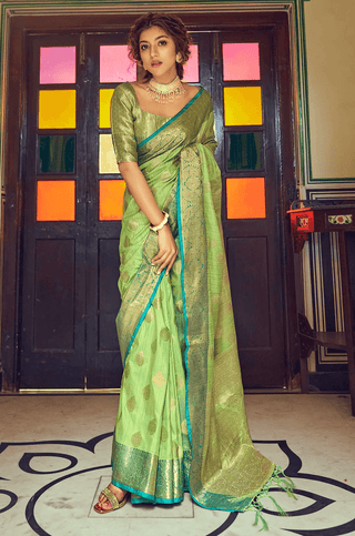 Devastating Pista Soft Banarasi Silk Saree With Majesty Blouse Piece Bvipul