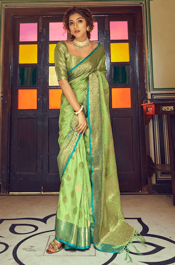 Devastating Pista Soft Banarasi Silk Saree With Majesty Blouse Piece Bvipul