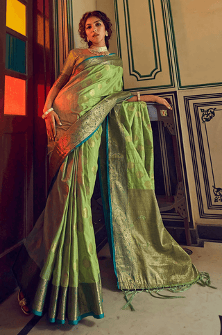 Devastating Pista Soft Banarasi Silk Saree With Majesty Blouse Piece Bvipul