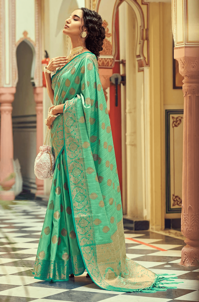 Woebegone Sea Green Soft Banarasi Silk Saree With Fancifull Blouse Piece Bvipul