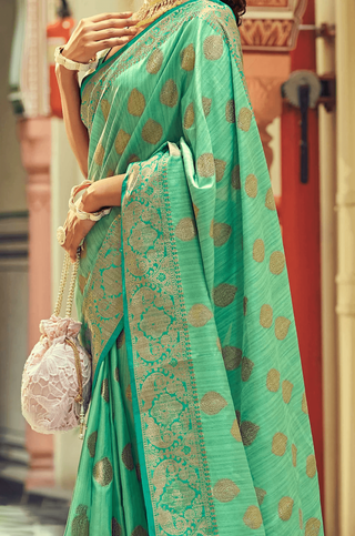 Woebegone Sea Green Soft Banarasi Silk Saree With Fancifull Blouse Piece Bvipul