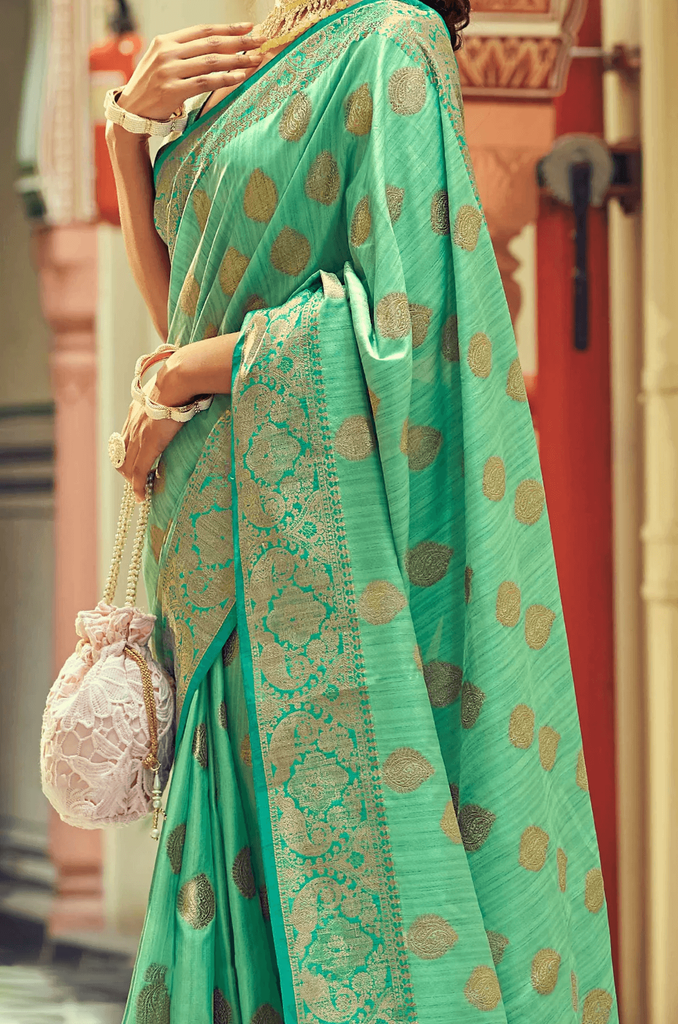 Woebegone Sea Green Soft Banarasi Silk Saree With Fancifull Blouse Piece Bvipul