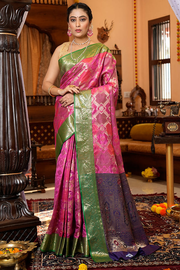 Elegant Dark Pink Organza Silk Saree With Precious Blouse Piece Bvipul