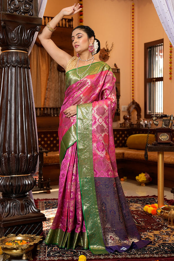 Elegant Dark Pink Organza Silk Saree With Precious Blouse Piece Bvipul