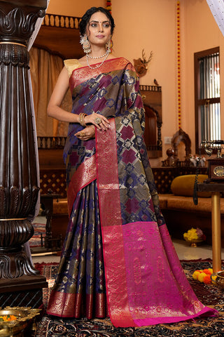 Gorgeous Navy Blue Organza Silk Saree With Wonderful Amazing Piece Bvipul