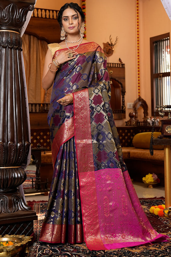 Gorgeous Navy Blue Organza Silk Saree With Wonderful Amazing Piece Bvipul