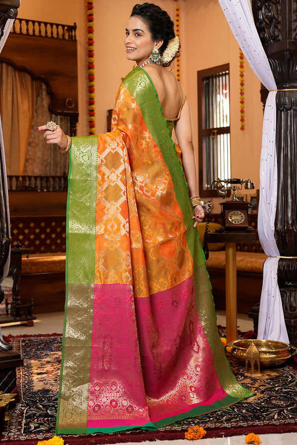 Adorning Orange Organza Silk Saree With Outstanding Blouse Piece Bvipul