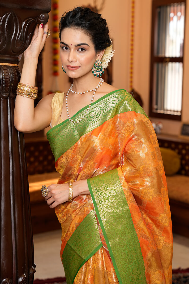 Adorning Orange Organza Silk Saree With Outstanding Blouse Piece Secondary image