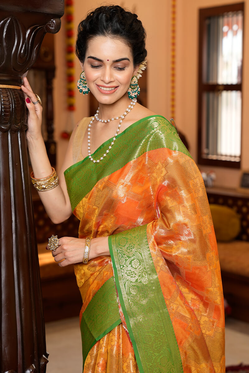 Adorning Orange Organza Silk Saree With Outstanding Blouse Piece Bvipul