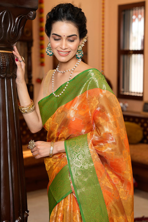 Adorning Orange Organza Silk Saree With Outstanding Blouse Piece Bvipul