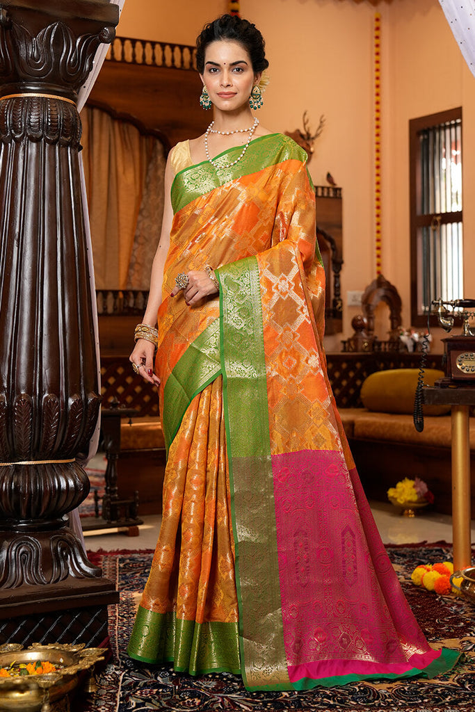 Adorning Orange Organza Silk Saree With Outstanding Blouse Piece Bvipul