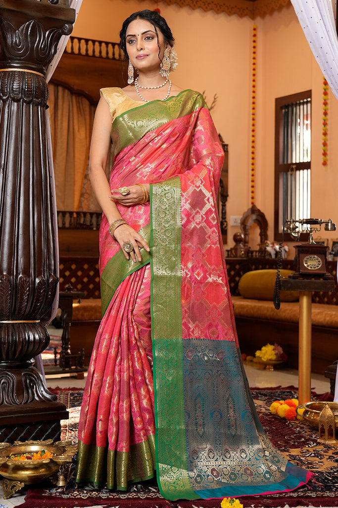 Charming Pink Organza Silk Saree With Intricate Blouse Piece Bvipul