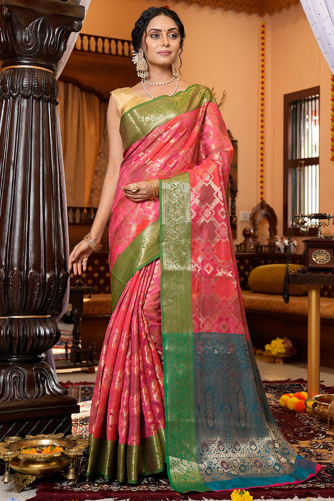 Charming Pink Organza Silk Saree With Intricate Blouse Piece Bvipul