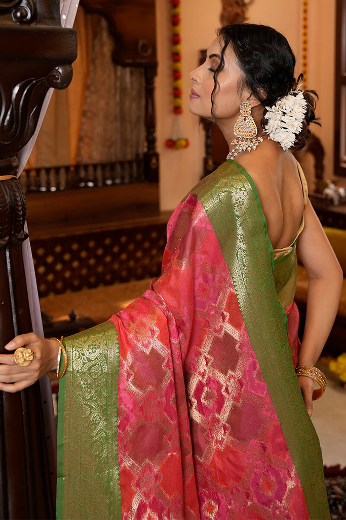 Charming Pink Organza Silk Saree With Intricate Blouse Piece Bvipul