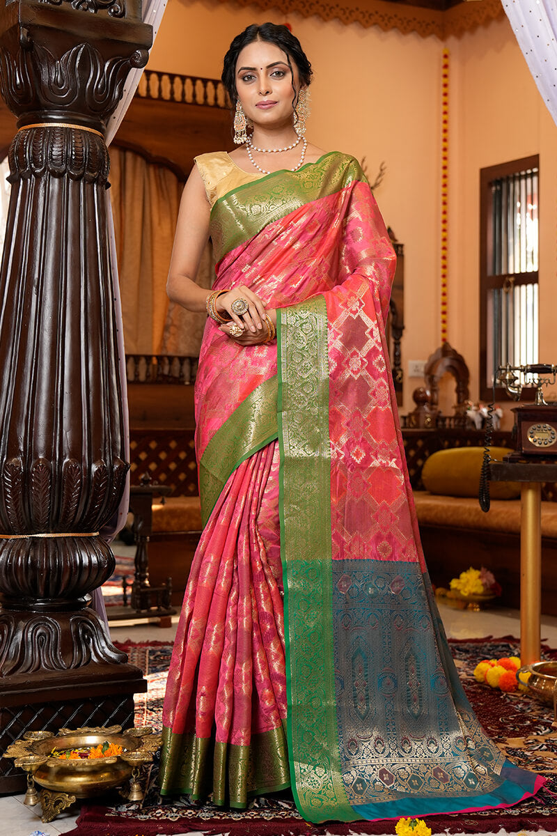 Charming Pink Organza Silk Saree With Intricate Blouse Piece Bvipul Main image