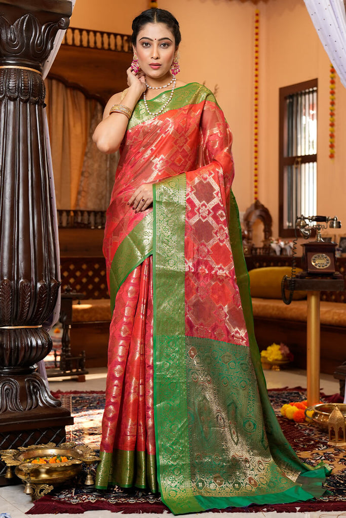 Desirable Red Organza Silk Saree With Exquisite Blouse Piece Bvipul