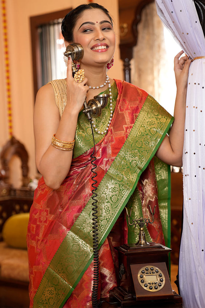 Desirable Red Organza Silk Saree With Exquisite Blouse Piece Bvipul
