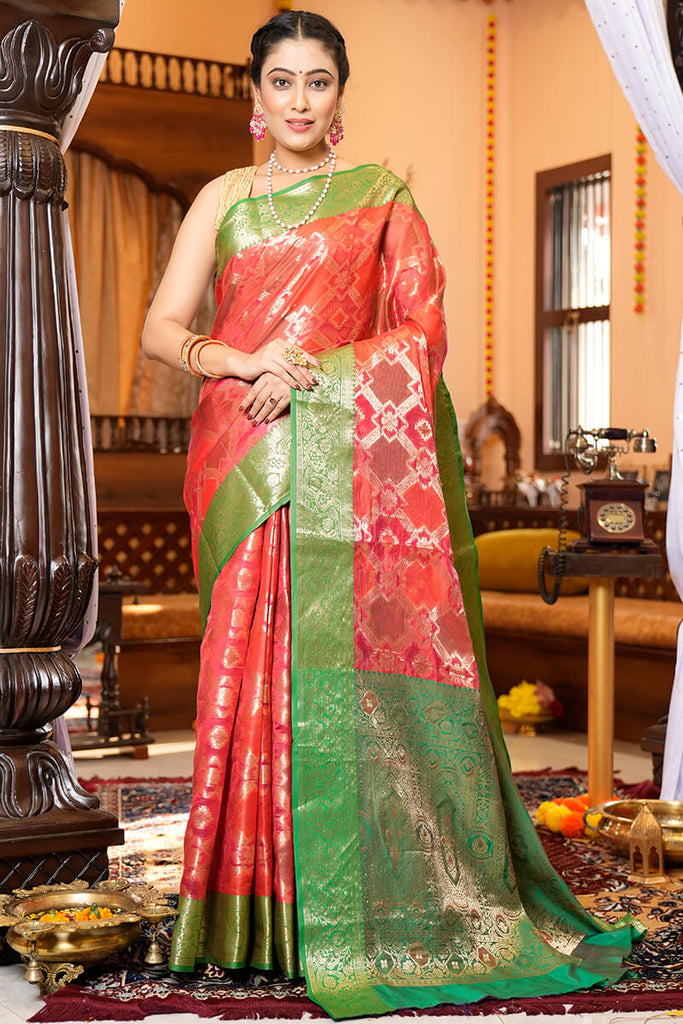 Desirable Red Organza Silk Saree With Exquisite Blouse Piece Bvipul