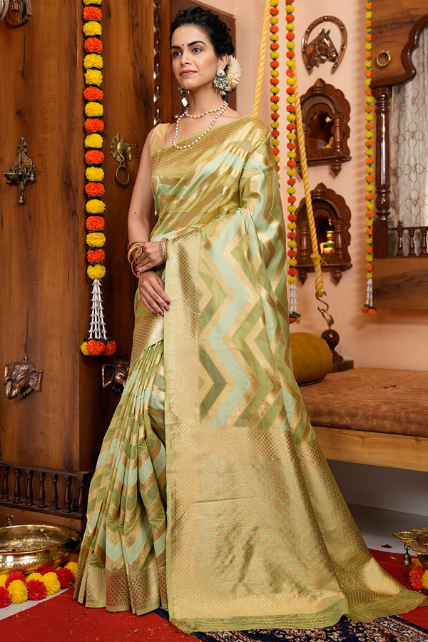 A glam Mehndi Organza Silk Saree With Super Blouse Piece Bvipul