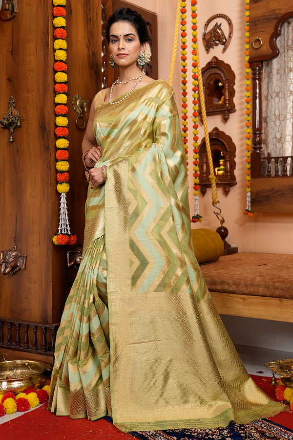 A glam Mehndi Organza Silk Saree With Super Blouse Piece Bvipul