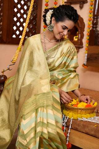 A glam Mehndi Organza Silk Saree With Super Blouse Piece Bvipul
