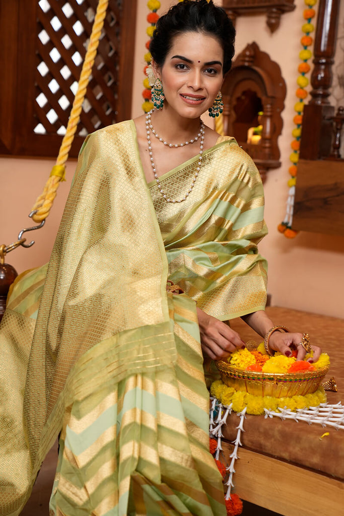 A glam Mehndi Organza Silk Saree With Super Blouse Piece Bvipul