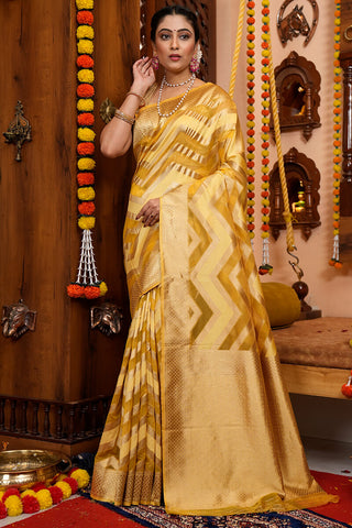 Traditional Mustard Organza Silk Saree With Fairytale Blouse Piece Bvipul