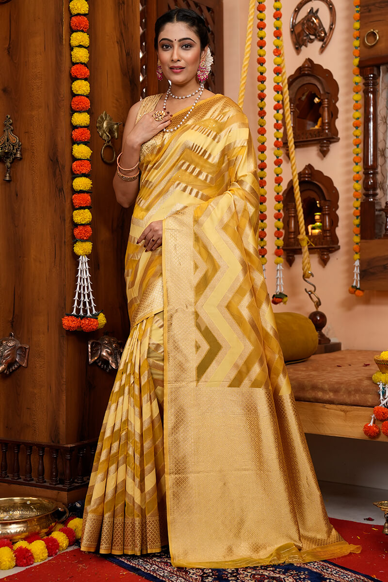 Traditional Mustard Organza Silk Saree With Fairytale Blouse Piece Bvipul