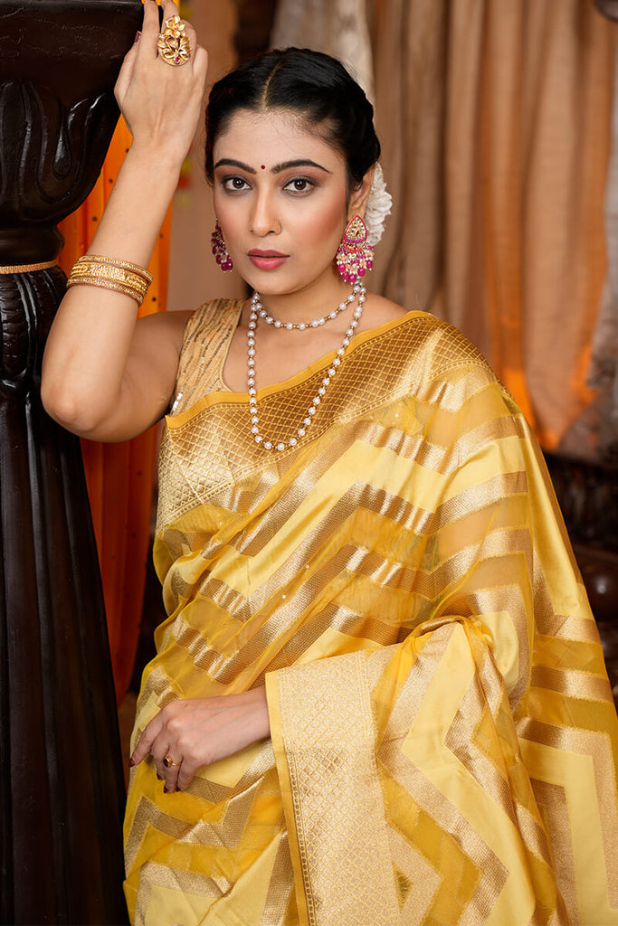 Traditional Mustard Organza Silk Saree With Fairytale Blouse Piece Bvipul