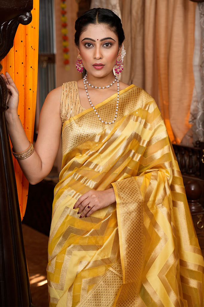 Traditional Mustard Organza Silk Saree With Fairytale Blouse Piece Bvipul