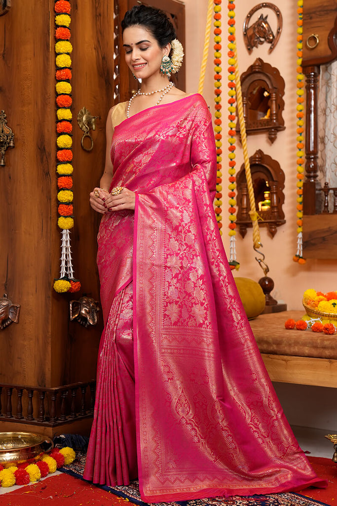 Bewitching Pink Soft Silk Saree With Divine Blouse Piece Bvipul