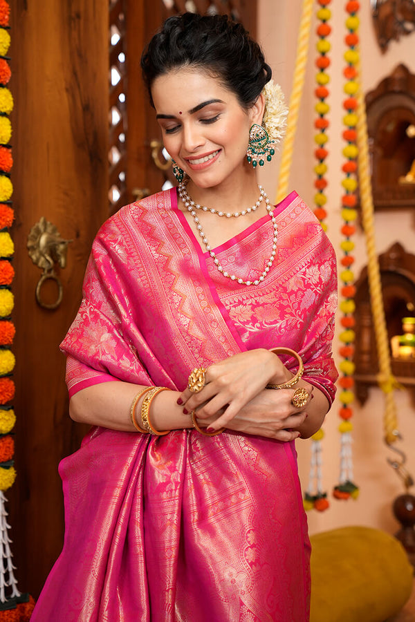 Bewitching Pink Soft Silk Saree With Divine Blouse Piece Bvipul