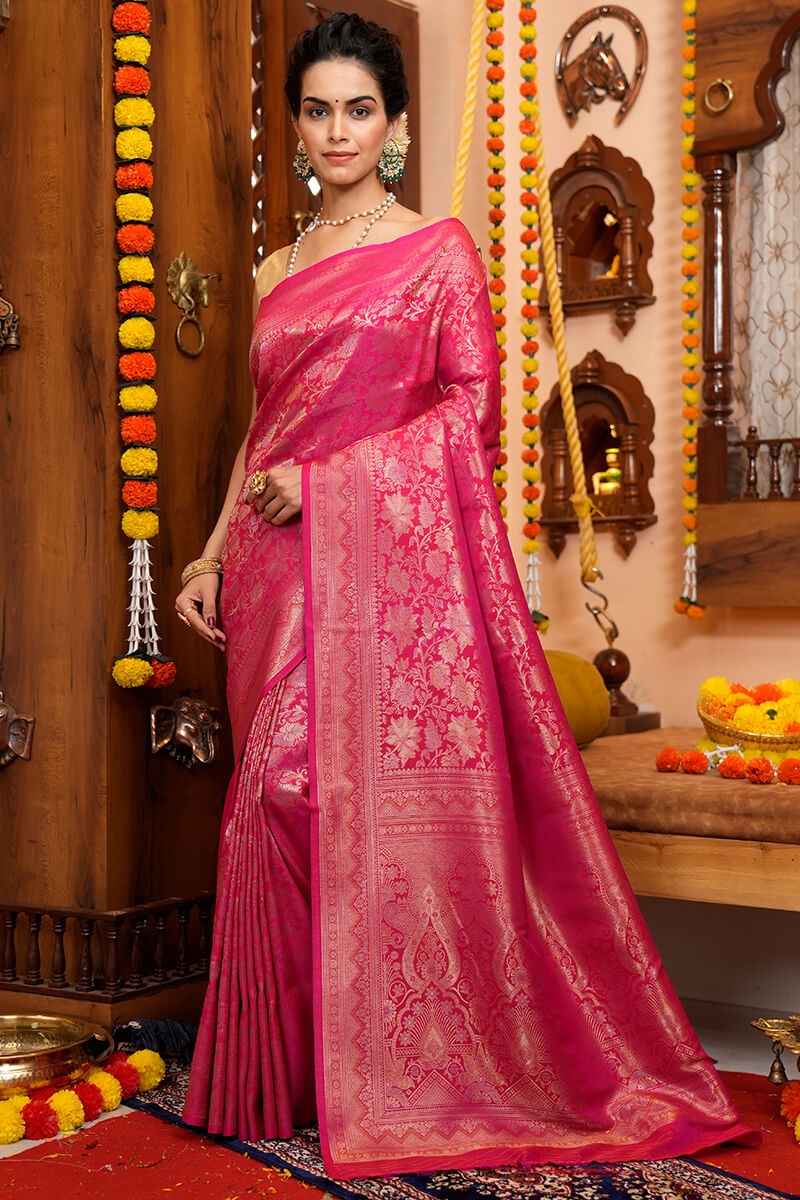 Bewitching Pink Soft Silk Saree With Divine Blouse Piece Bvipul
