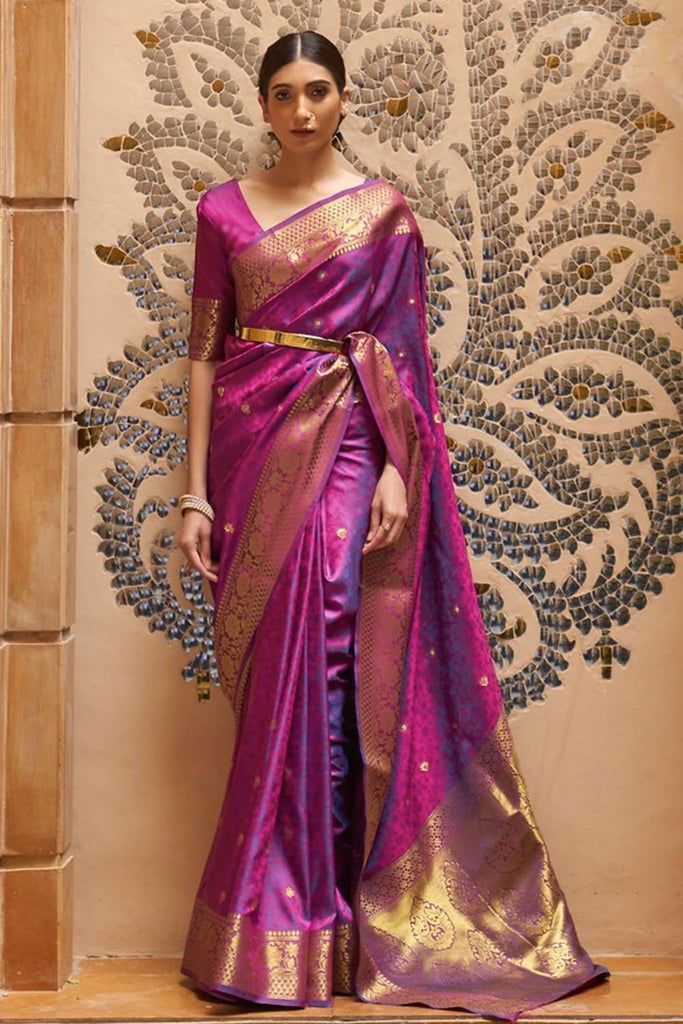 Pure Kanjivaram Silk Saree Violet With Red Saree