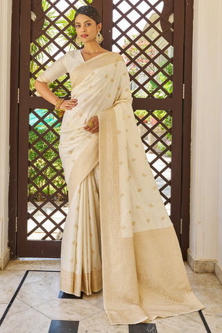 Lagniappe Beige Kanjivaram Silk Saree With Dissemble Blouse Piece Bvipul
