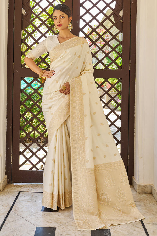 Lagniappe Beige Kanjivaram Silk Saree With Dissemble Blouse Piece Bvipul